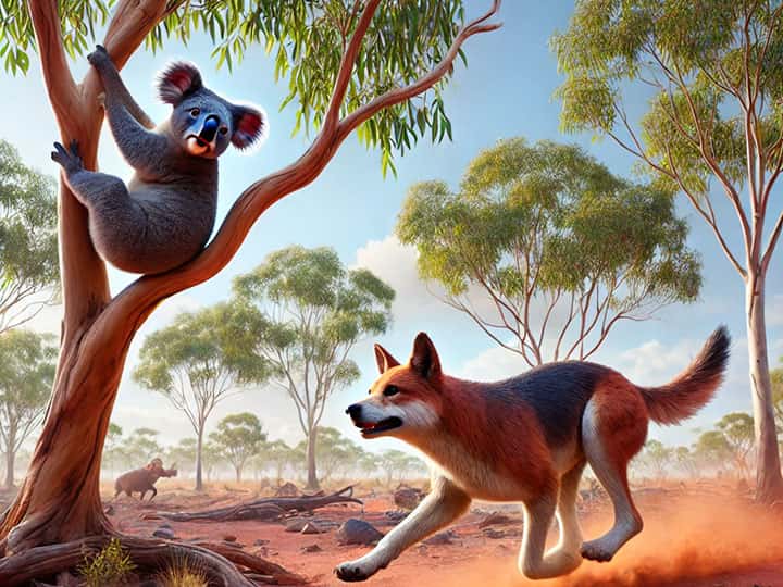 Dingoes hunt koalas on the ground.