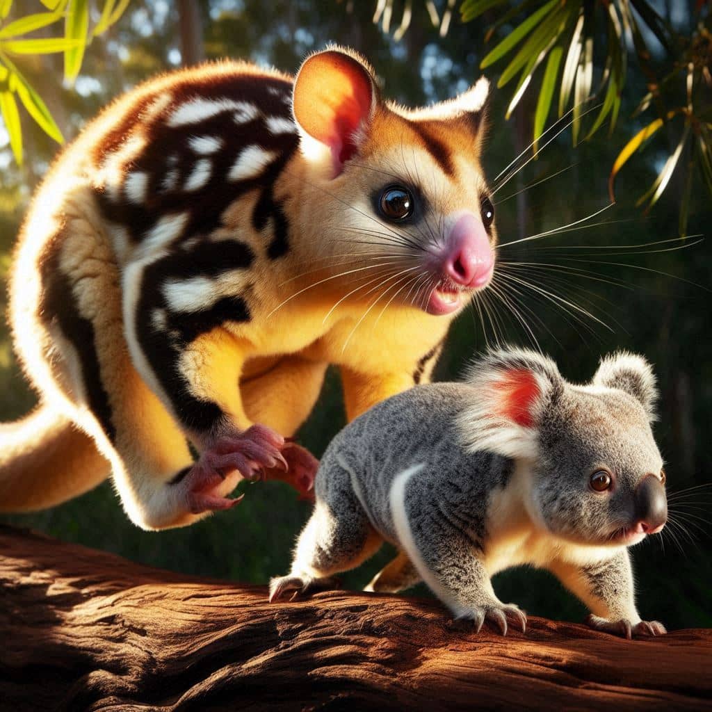 Picture of a quoll hunting a koala joey.